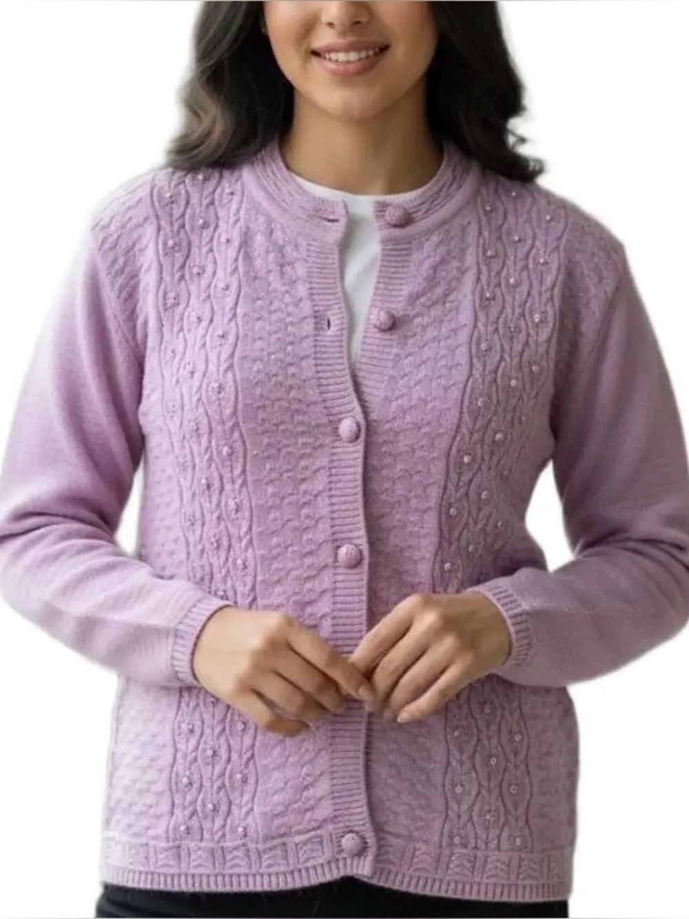 LOFT Diamond Pointelle Cardigan Lavender Purple Sweater Size L